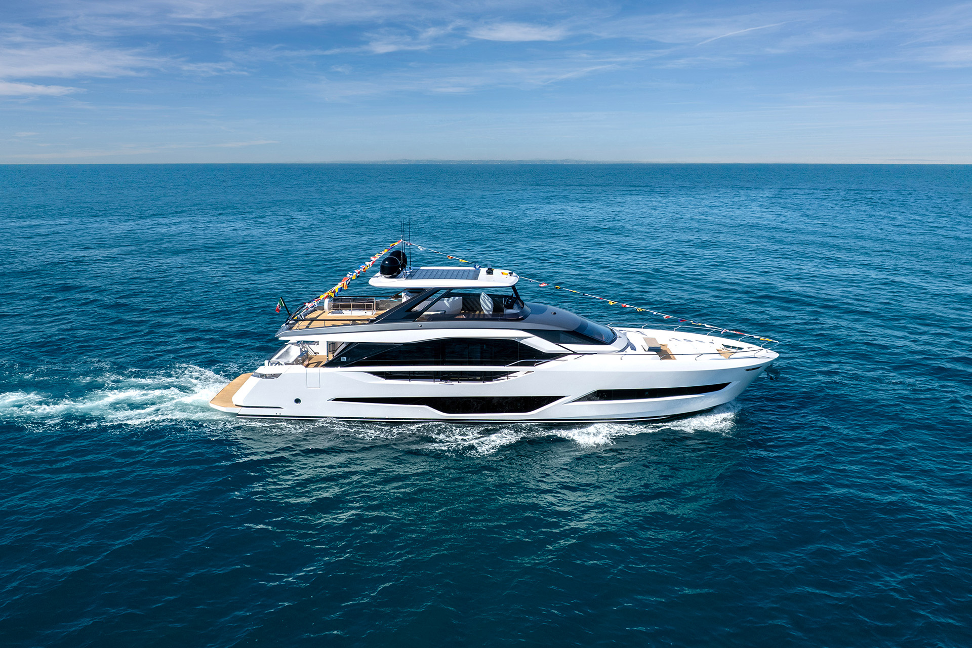 The new Ferretti Yachts 800 enters the water.